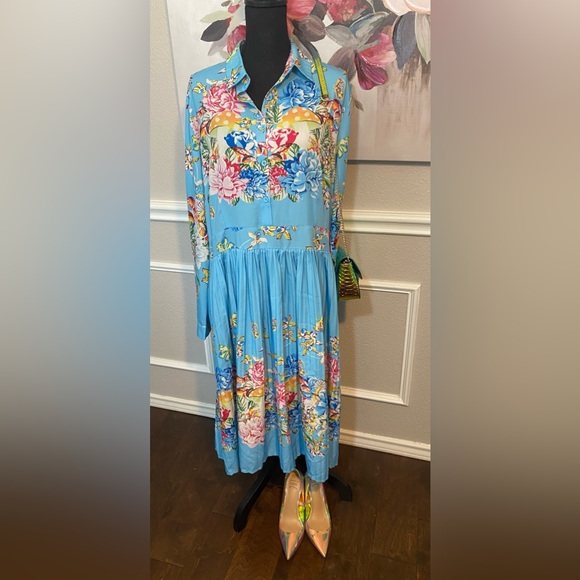 Blue Floral Collared Bishop Sleeve Dress || Size 2XL - Picture 2 of 14